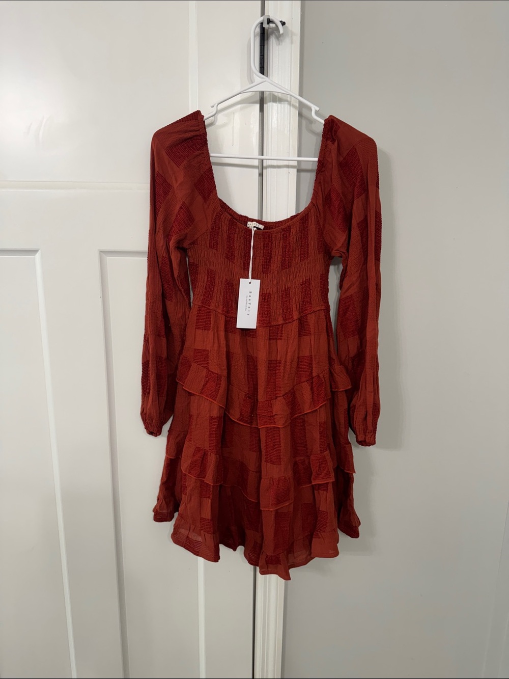 Women's Rust Red Tiered Mini Dress with Scoop Neck